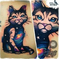 3D style painted colorful funny cat tattoo on upper back stylized with space stars and galaxy