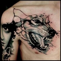 3D style realistic looking chest tattoo of angry wolf head