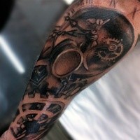 3D style realistic looking colored forearm tattoo of old mechanical clock