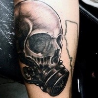 3D style realistic looking forearm tattoo of human skull with gas mask
