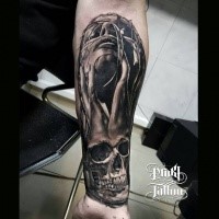 3D style realistic looking forearm tattoo of woman face with skull