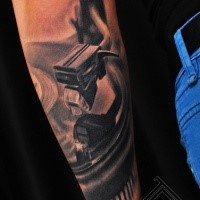 3D style realistic looking old vinyl player tattoo on forearm