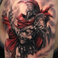 3D style superior colored very detailed shoulder tattoo on fantasy warrior