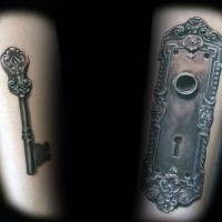 3D style very detailed arm tattoo of ancient clock with big key