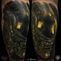 3D style very detailed arm tattoo of detailed Alien head