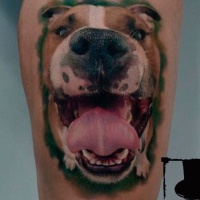 3D style Tattoo auf den Bizeps mit einem lustigen Hund (Rasse Boxer)