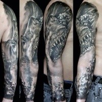 3D style very detailed black and white sleeve tattoo of evil shark