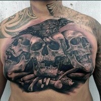 3D style very detailed chest tattoo of human skulls with crow