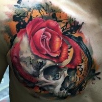 3D style very detailed chest tattoo of skull with rose and clock