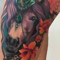 3D style very detailed Hinduism style unicorn tattoo on thigh stylized with lotus flowers and various patterns