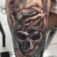 3D style very detailed human skull with butterflies tattoo on arm