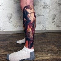 3D style very detailed leg tattoo of large Egypt statue