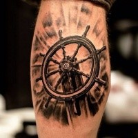 3D style very detailed leg tattoo of beautiful ship steering wheel