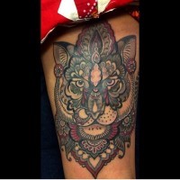 3D style very detailed massive colored forearm tattoo of beautiful floral tiger