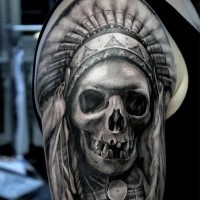 3D style very detailed shoulder tattoo of realistic looking Indian skeleton with helmet