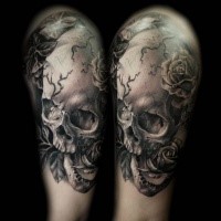 3D style very detailed shoulder tattoo of corrupted woman skeleton with roses