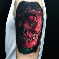 3D style very detailed shoulder tattoo of red human skull with vine