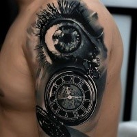 3D style very detailed shoulder tattoo of old clock with eye