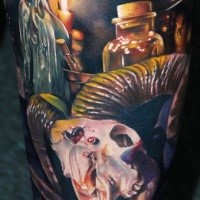 3D style very detailed tattoo of goat skull with candle and bottle