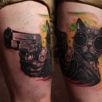 3D style very detailed thigh tattoo of cool cat with pistol
