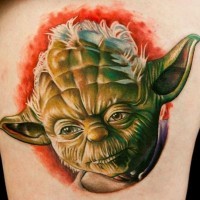 3D style very realistic colored Star Wars themed tattoo of master Yoda