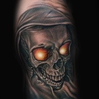 3D style very realistic looking forearm tattoo of demonic skull