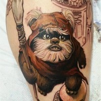 3D unfinished very detailed colored Star Wars hero tattoo on leg with Storm troopers helmet