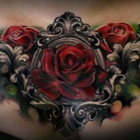 3D sehr cool aussehendes buntes Blumen Tattoo an der Brust