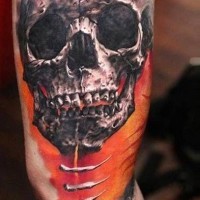 3D very detailed big mystical skull tattoo on sleeve with bones