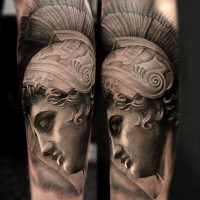 3D very detailed black ink forearm tattoo of antic statue