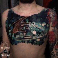 3D very detailed chest tattoo of human hand with diamond