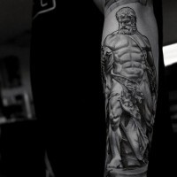 3D very detailed colored antic statue tattoo on forearm area