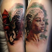 3D very detailed colorful Game of thrones woman hero portrait with dragon tattoo on arm