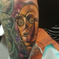 3D very detailed natural looking C3PO portrait tattoo on arm