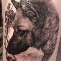 3D very detailed real photo like colored sad dog portrait tattoo on thigh