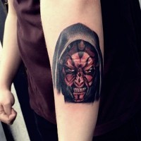 3D very detialed cool colored angry Darth Maul portrait tattoo on forearm