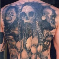 3D very realistic black and white detailed various tribes people tattoo on whole back