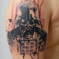 3D very realistic looking colored abstract shoulder tattoo on Darth Vader