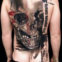 3D very realistic looking colored thug style tattoo with massive skull and lettering on whole back