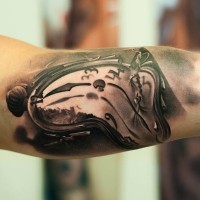 3D very realistic looking corrupted old clock tattoo on forearm