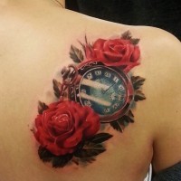 3D very realistic old clock with flowers tattoo on shoulder