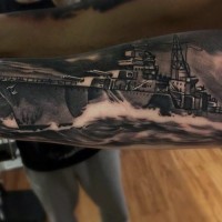 3D very realistic painted black and white big military tattoo on arm
