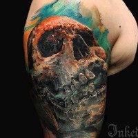 3d watercolor skull tattoo on shoulder
