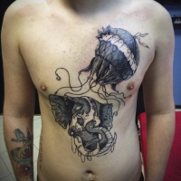 Absract art tattoo on chest and stomach