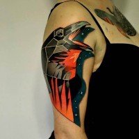 Amazing bright raven with star shadow tattoo on upper arm