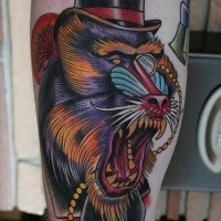 Amazing color-ink baboon in hat and monocle tattoo on arm
