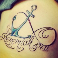 Amazing colored anchor infinity with lettering tattoo on thigh
