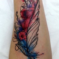 Amazing colorful feather with flowers tattoo on arm