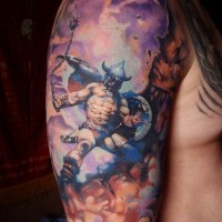 Amazing fighting warrior tattoo on shoulder