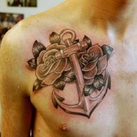 Amazing huge anchor with two roses tattoo for guys on chest